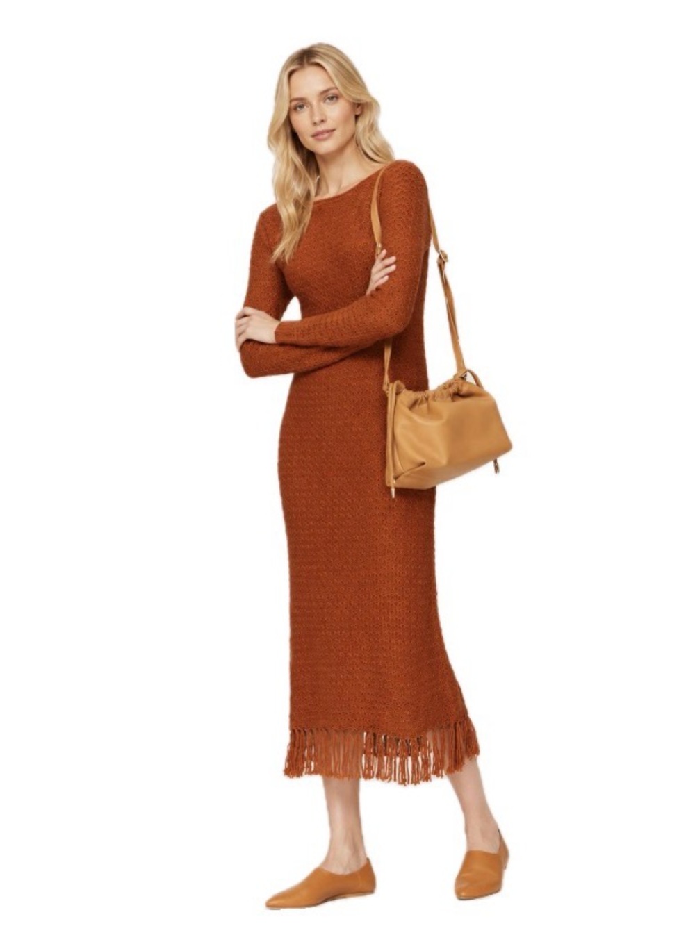 Pamela Love, Orange Fringe Crochet Knit Sweater Midi Dress Boho, Size M